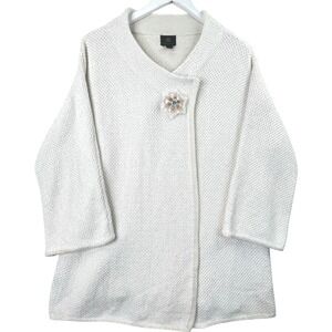 JM Collection Knit Cardigan Womens XL Cream Metallic Floral Brooch Shimmer